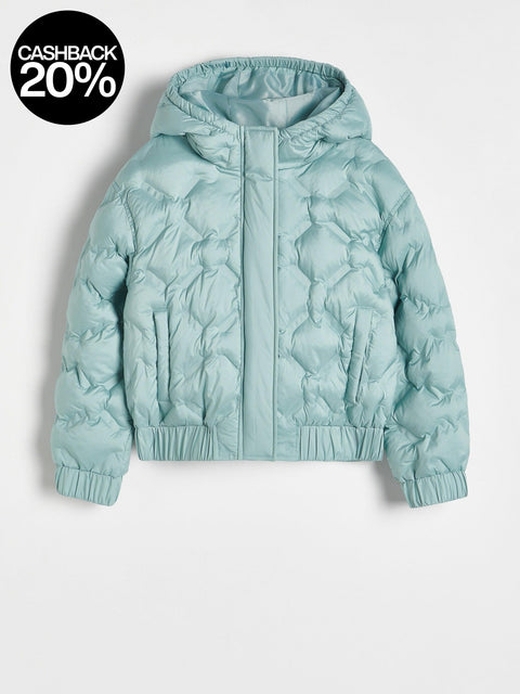 Light blue puffer jacket on a white background