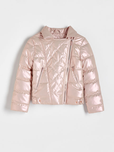 Pink puffer jacket on a light gray background