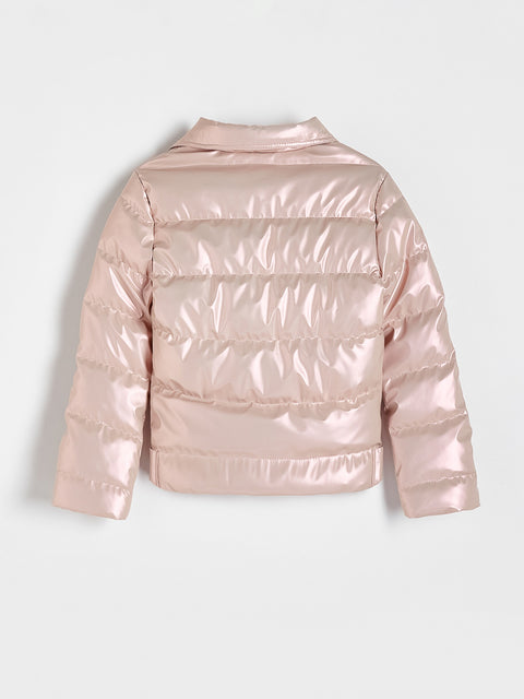 Pink puffer jacket on a light gray background