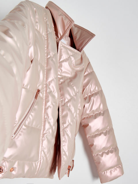 Pink puffer jacket on a light gray background