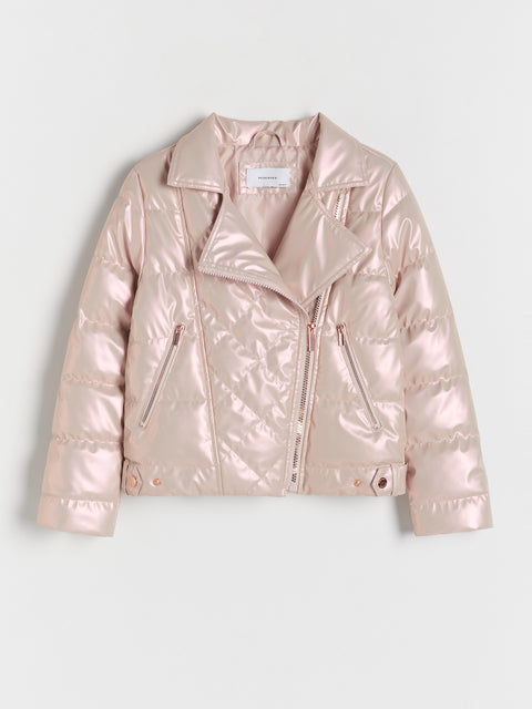 Pink puffer jacket on a light gray background