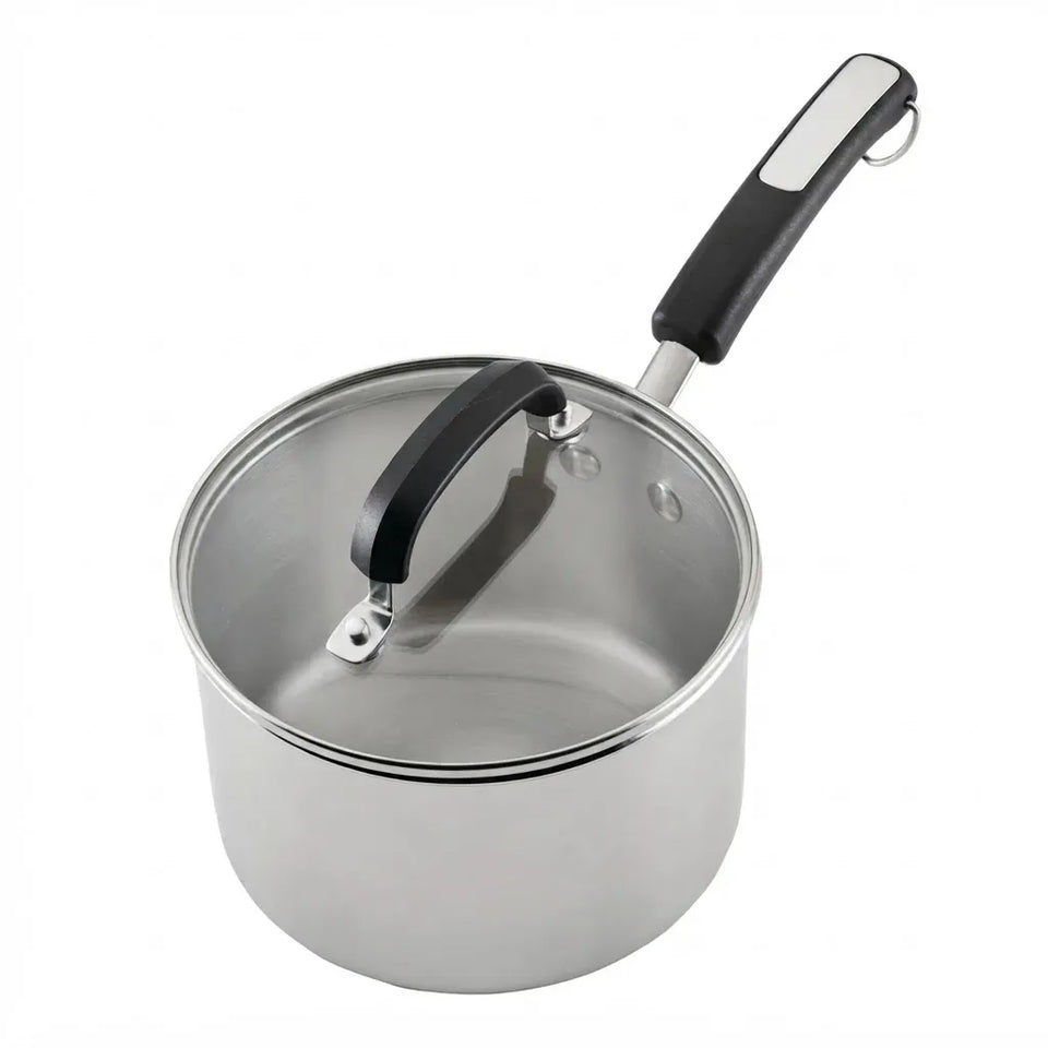 Stainless steel pot with a black handle on a white background