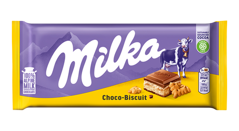 Milka Choco-Biscuit chocolate bar packaging with purple and yellow design.