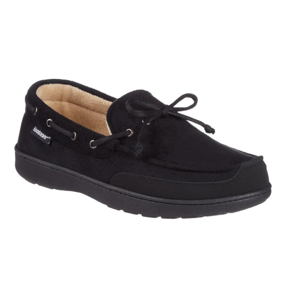 Isotoner Men's Black Water-Repellent Carter Microsuede Moccasin Slipper