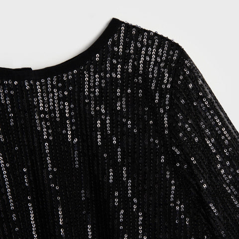 Black sequin dress with a close-up of the sequins on a white background