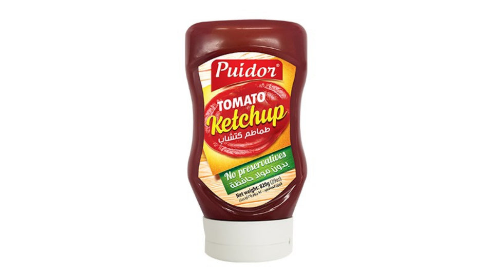 Puidor Tomato Ketchup in a squeeze bottle with red label, displaying the product name and branding.