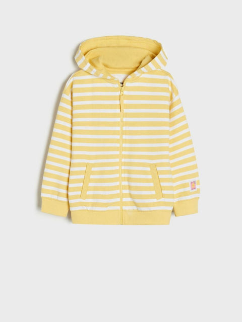 Yellow and white striped hoodie on a light gray background