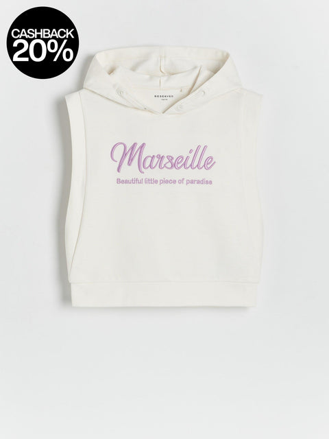 White hoodie with 'Marseille' text on a white background