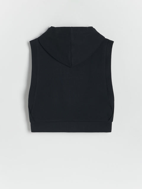 Black sleeveless hoodie on a light gray background