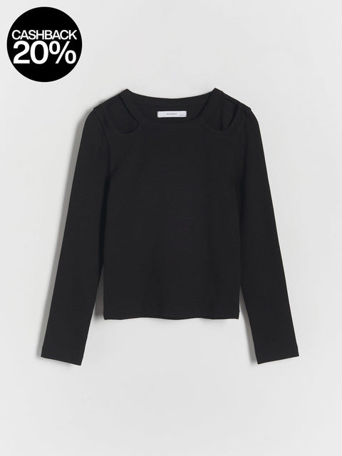 Black long-sleeve top on a light gray background