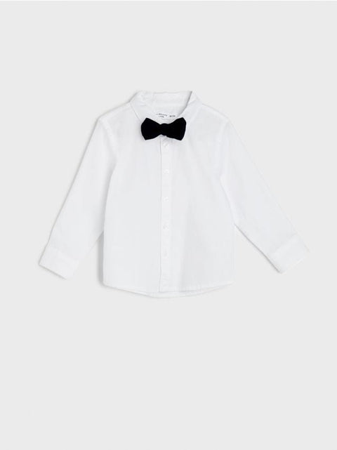 White dress shirt with a black bow tie on a white background