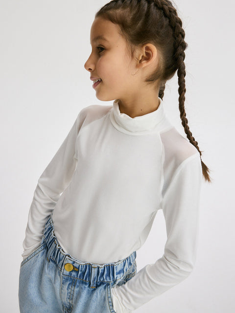 Reserved Girl's White Turtle Neck Blouse With Transparent Inserts | Reserved In Lebanon