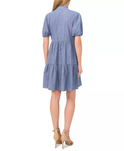CeCe Women's Niagara Blue Cotton V-Neck Puff-Sleeve Tiered Dress  |  CeCe in Lebanon
