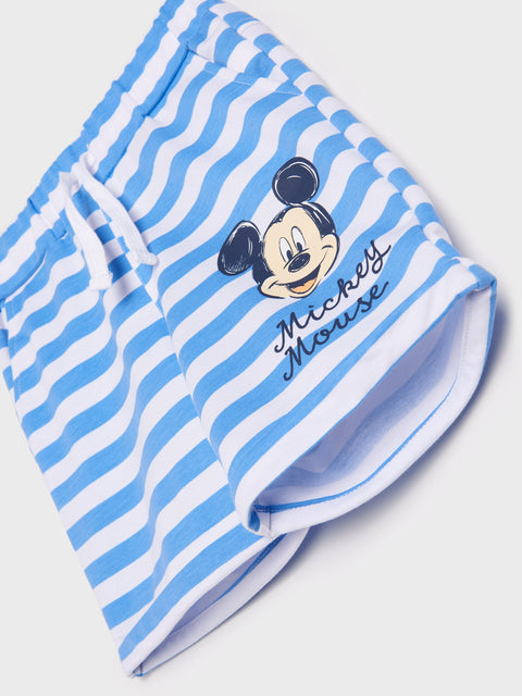 Blue and white striped baby bib with Mickey Mouse design on a light gray background