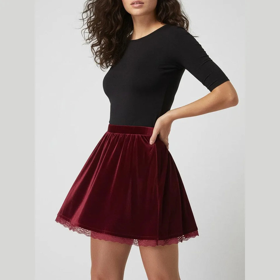 Sinsay Women's Burgundy Velvet Lace-Trim Min Skirt