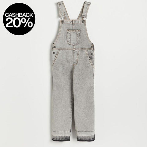Gray denim overalls on a white background