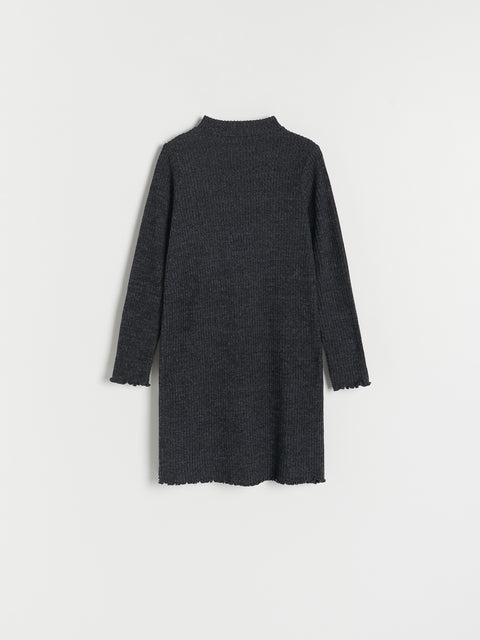 Dark gray ribbed knit dress on a light gray background
