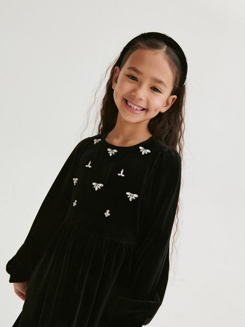 Reserved Girl's Black Velvet Rhinestone Long Sleeve Velour Dress |Reserved In Lebanon