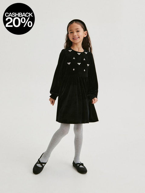 Reserved Girl's Black Velvet Rhinestone Long Sleeve Velour Dress |Reserved In Lebanon