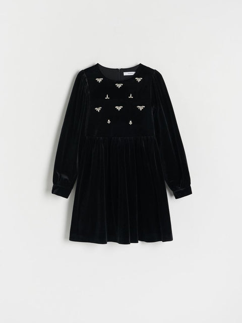 Reserved Girl's Black Velvet Rhinestone Long Sleeve Velour Dress |Reserved In Lebanon