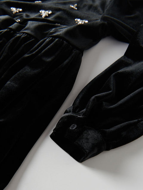 Reserved Girl's Black Velvet Rhinestone Long Sleeve Velour Dress |Reserved In Lebanon