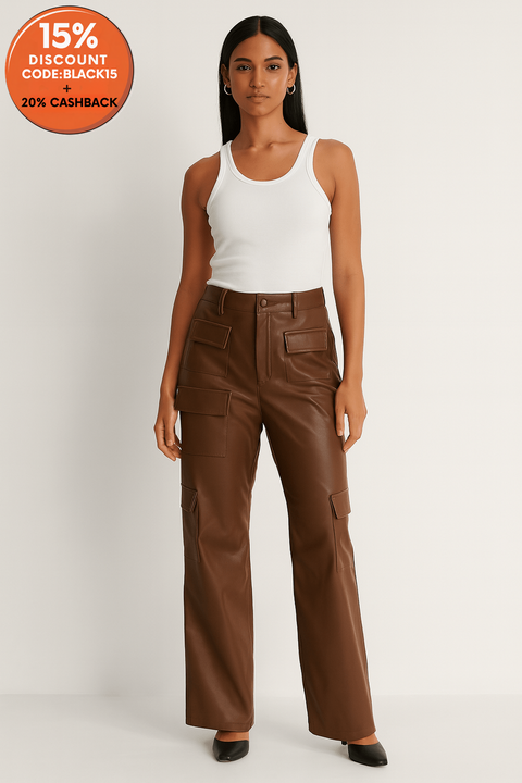 LeGer Women's Brown Leather Cargo Pants |LeGer in Lebanon