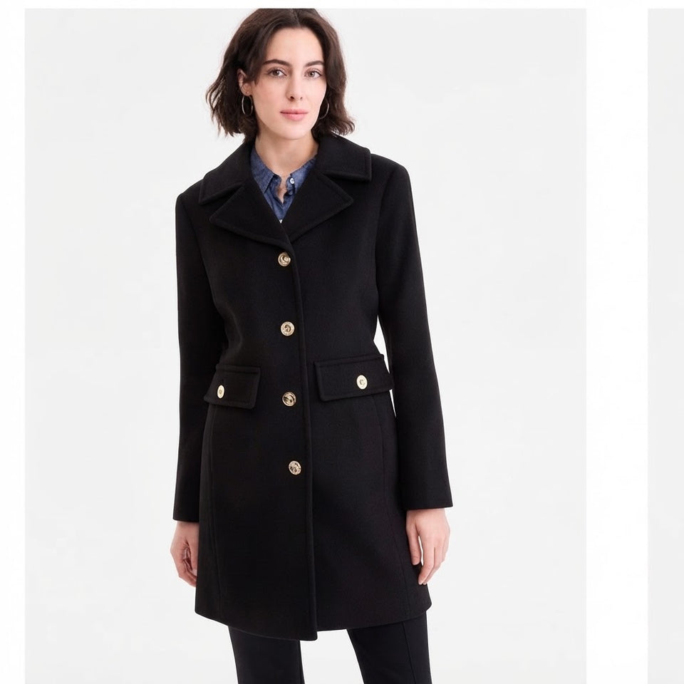 Michael Kors Women's Black Petite Tailored Wool-Blend Classic Coat