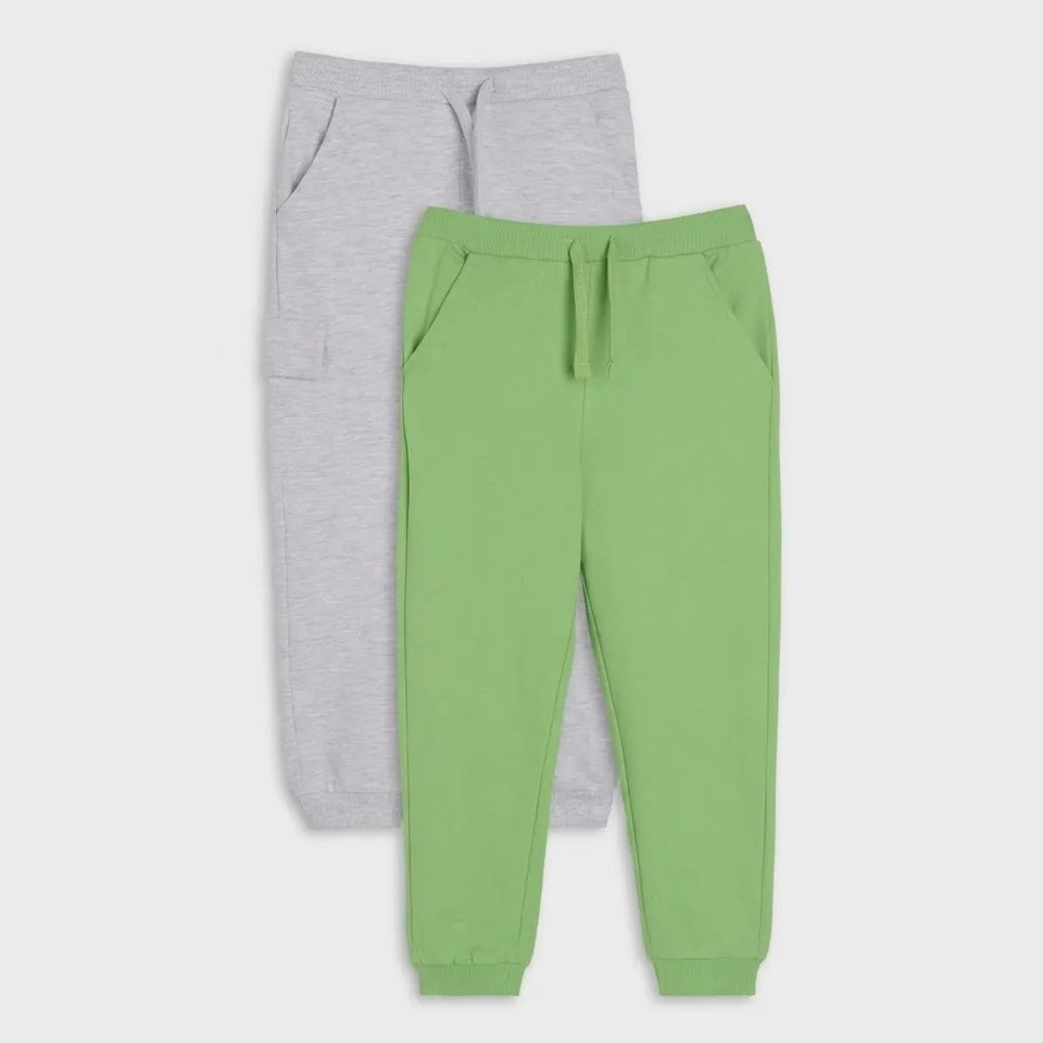 Two pairs of kids' jogger sweatpants, one in light heather gray and one in light green, displayed flat against a light gray background.