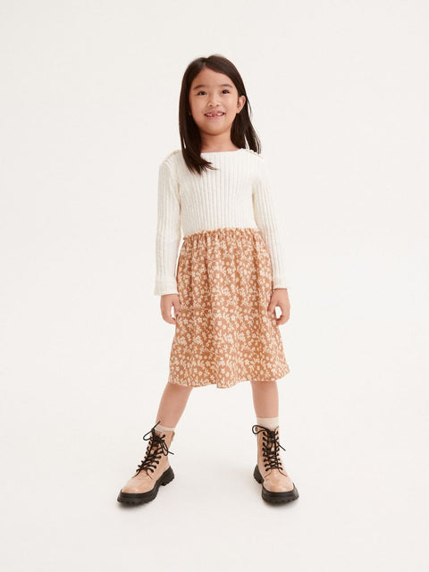 Reserved Girl's Off White & Tan Floral Details Long Sleeve Dress |Reserved In Lebanon
