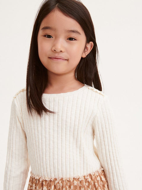 Reserved Girl's Off White & Tan Floral Details Long Sleeve Dress |Reserved In Lebanon