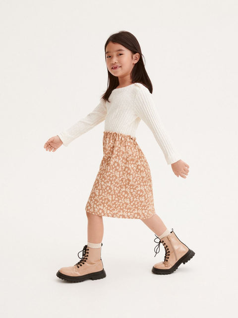 Reserved Girl's Off White & Tan Floral Details Long Sleeve Dress |Reserved In Lebanon