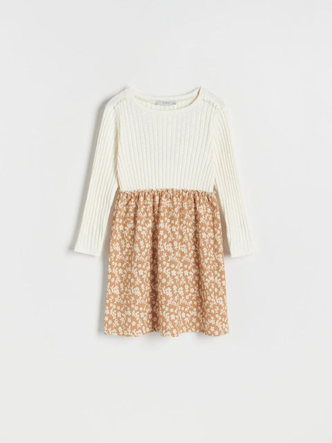 Reserved Girl's Off White & Tan Floral Details Long Sleeve Dress |Reserved In Lebanon