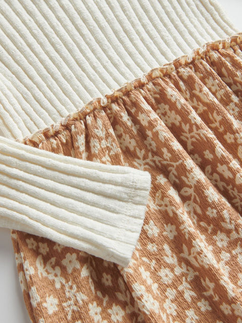 Reserved Girl's Off White & Tan Floral Details Long Sleeve Dress |Reserved In Lebanon
