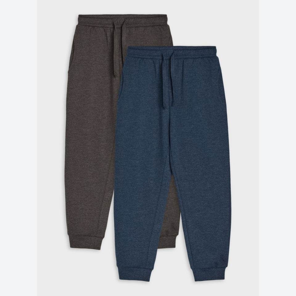 Two pairs of jogger sweatpants shown flat against a light gray background, one in heather dark brown and the other in heather navy blue.