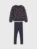 Navy sweatshirt with small pink floral pattern and matching pants on a white background