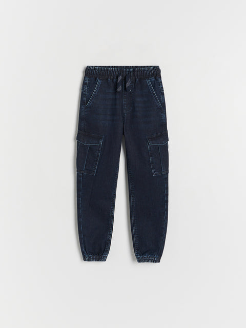 Dark blue cargo jogger pants on a light gray background