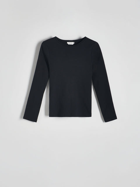 Black long-sleeve shirt on a light gray background