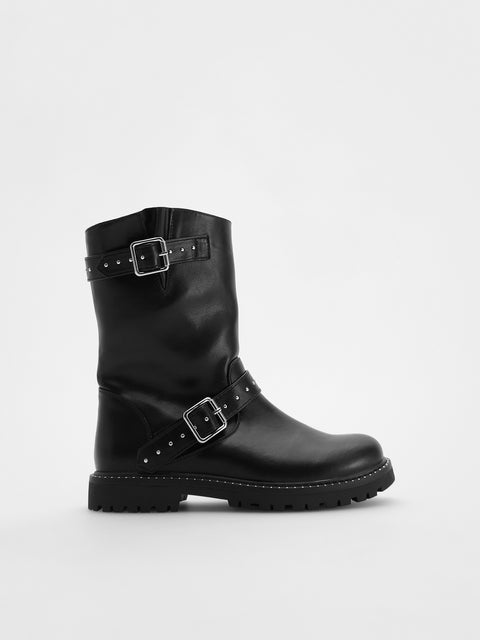 Black leather boot with two buckles on a white background