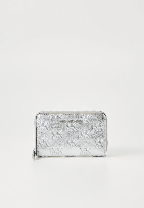 Silver wallet with brand logo on a white background