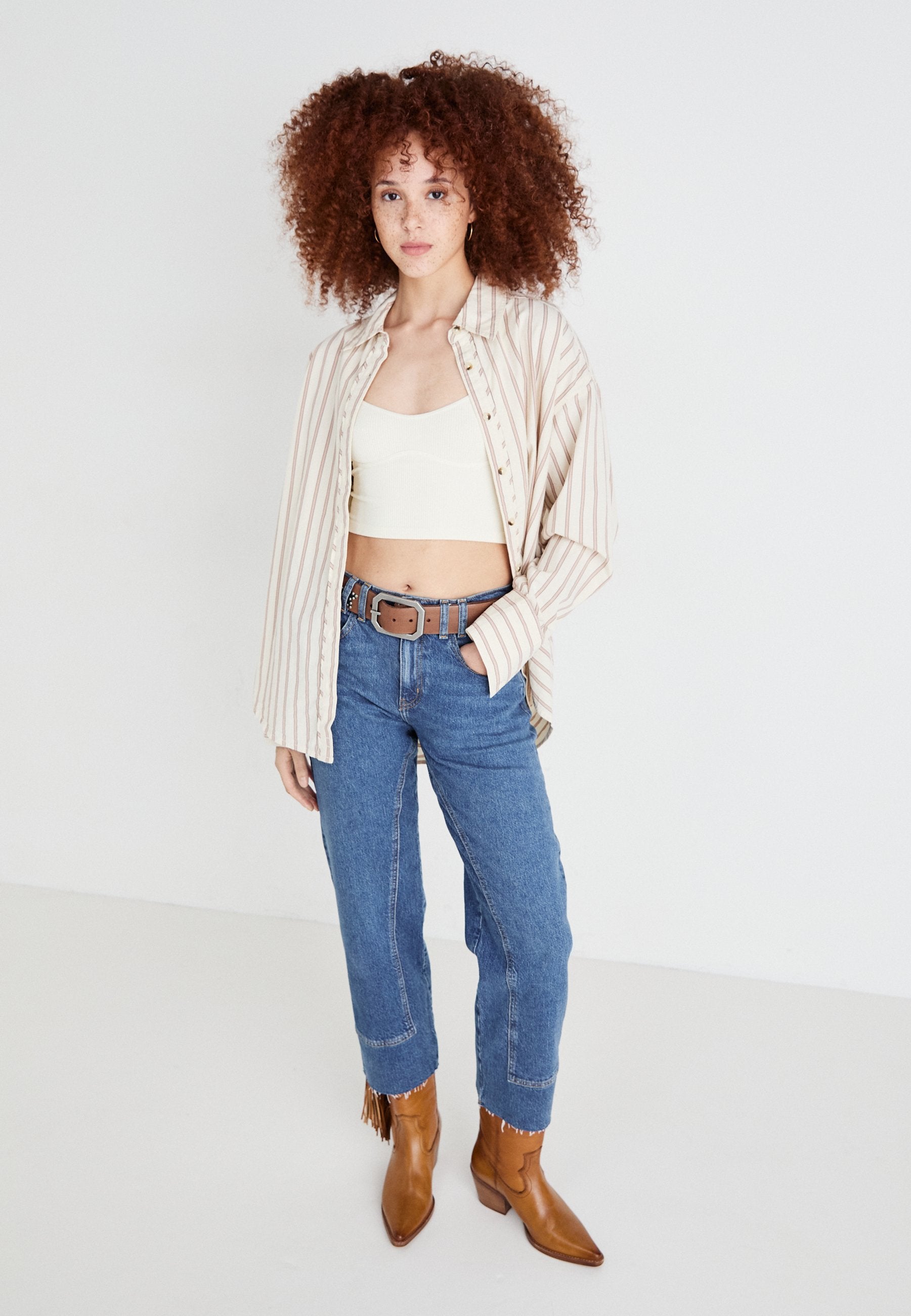 Free People Women's Beige Striped Varsity Vibes Button-Down Shirt | Free People In Lebanon