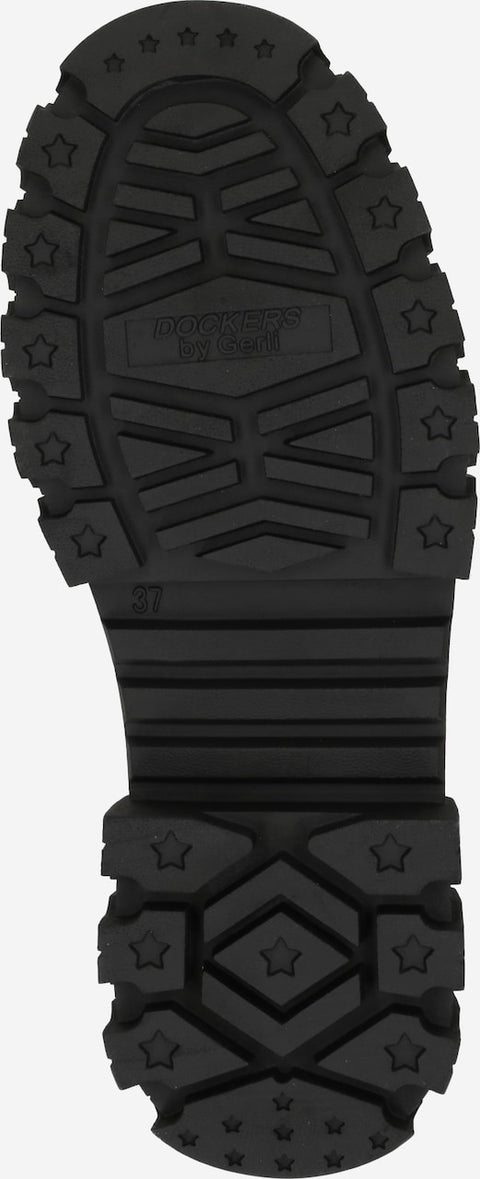 Close-up of a black boot sole with brand logo