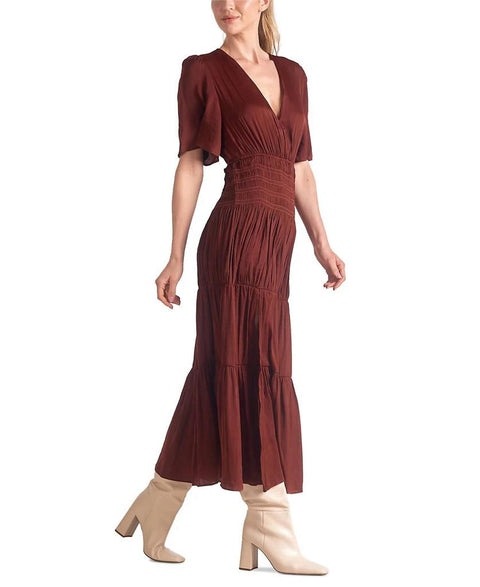 Elan Women’s Brick Short Sleeve V-Neck Smocked Waist Dress | Elan In Lebanon