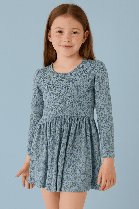 POMPdeLUX Girl's Printed Blue Organic Cotton Long-Sleeve Dress | POMPdeLUX In Lebanon