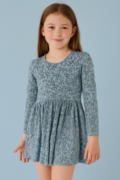 POMPdeLUX Girl's Printed Blue Organic Cotton Long-Sleeve Dress | POMPdeLUX In Lebanon