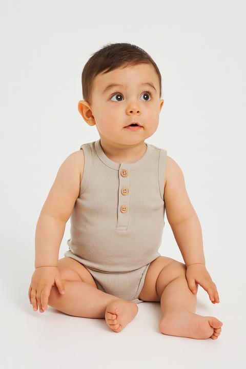 Reserved Baby Boy's Beige Sleeveless Bodysuit |Reserved In Lebanon