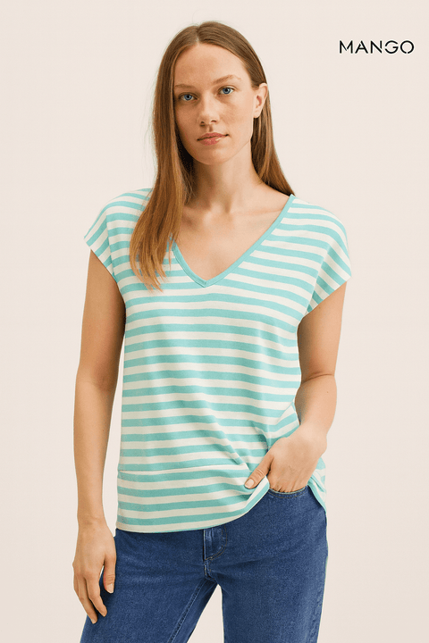 Mango Women's Blue/White Short-Sleeve T-Shirt| Mango in Lebanon