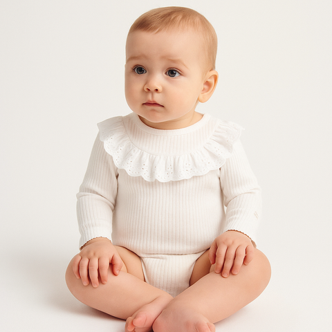 Reserved Baby Girl's Off White Cotton Bodysuit With Ruffles | Reserved In Lebanon