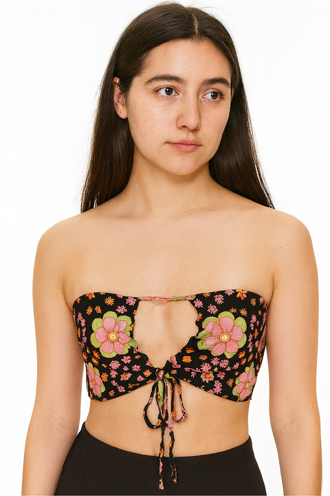 Forever 21 Women's Black Floral Cut-Out Strapless Crop Top | Forever 21 In Lebanon