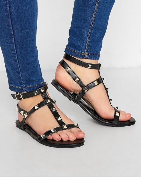 V by Very Women's Black  Wide Fit Leather Weave Strap Sandal With Studs Sandal TX43A SE192 shoes26