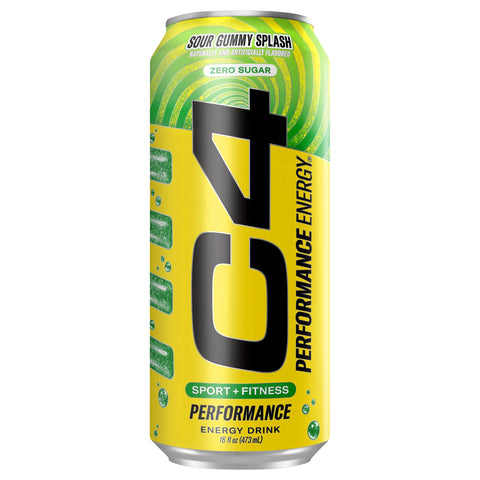 C4 Performance Energy Drink can with green and yellow design on a white background